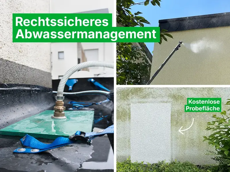 Collage: Schmutzwasser wird mit Schlauch und Auffangmatte aufgefangen, daneben eine gereinigte Probefläche auf einer verschmutzten Fassade