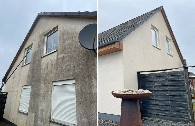 Einfamilienhaus mit Garage in Bielefeld, links vor und rechts nach der Reinigung