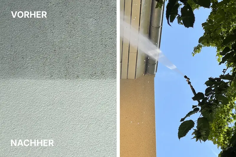 Links Nahaufnahme einer Putzfassade, oben verschmutzt und unten gereinigt; rechts Reinigung mit der Teleskoplanze