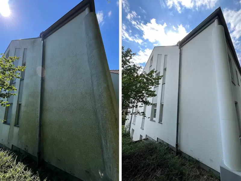 Mehrfamilienhaus in Bielefeld-Brakwede, links mit Grünbelag, rechts nach der Reinigung