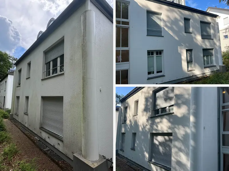 Mehrfamilienhaus in Bielefeld-Brakwede, links vorher mit Algenläufern an der Rundsäule, rechts zwei Ansichten nach der Reinigung