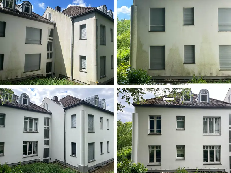 Mehrfamilienhaus in Bielefeld-Brakwede, oben zwei Ansichten vor, unten nach der Reinigung