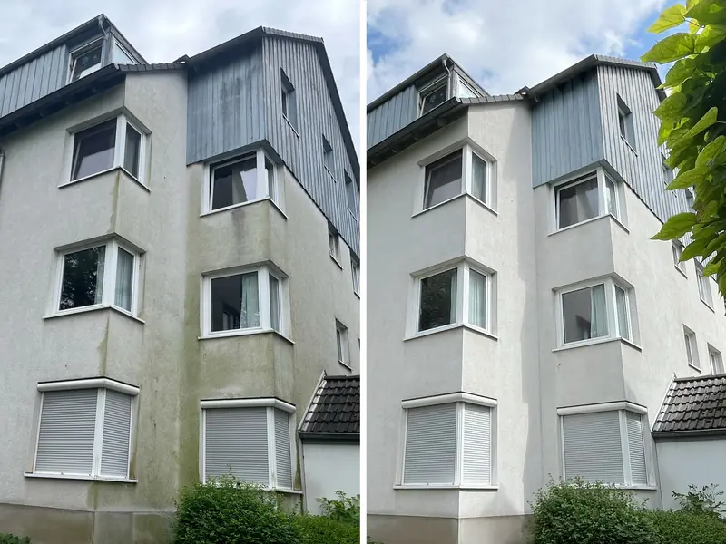 Mehrfamilienhaus mit Erkern und Holzverkleidung, links grünliche Läufer unter den Fenstern, rechts nach der Reinigung
