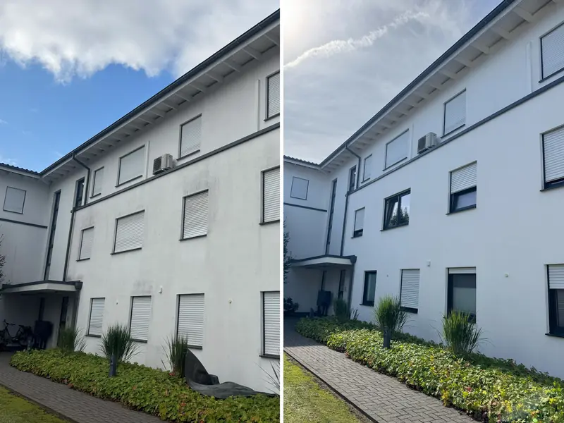Mehrfamilienhaus in Schloß Holte-Stukenbrock, links grau verschmutzte Putzfassade, rechts nach der Reinigung