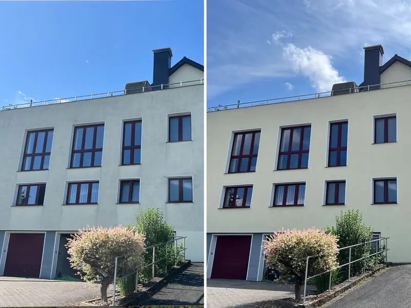 Wohnhaus mit Dachterrasse in Oerlinghausen, links grau-grünlich verschmutzt, rechts nach der Reinigung in hellem Gelb